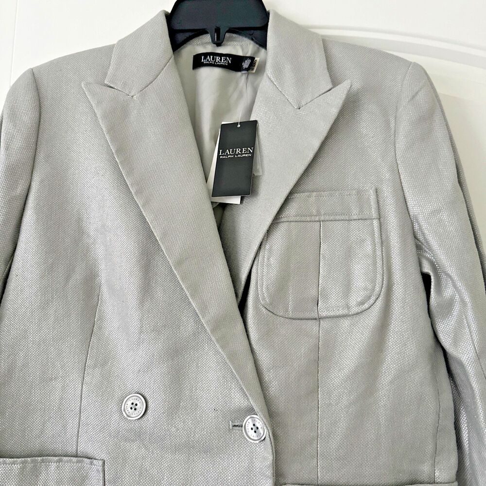 Lauren Ralph Lauren Women's Foiled Linen-Cotton Blazer Silver Foil Light Gray 6 - Picture 7 of 13